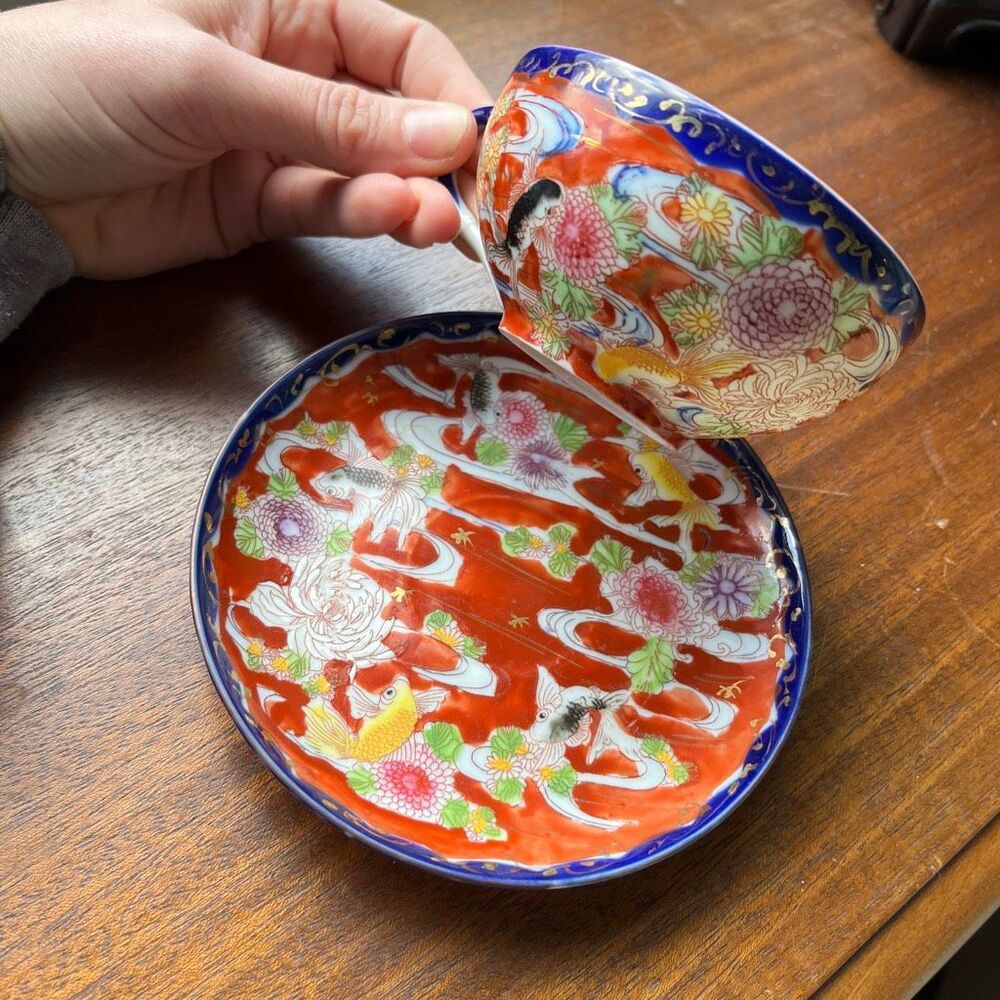VTG Japanese Koi Fish Teacup & Saucer Set Red Floral Cobalt Rim Porcelain